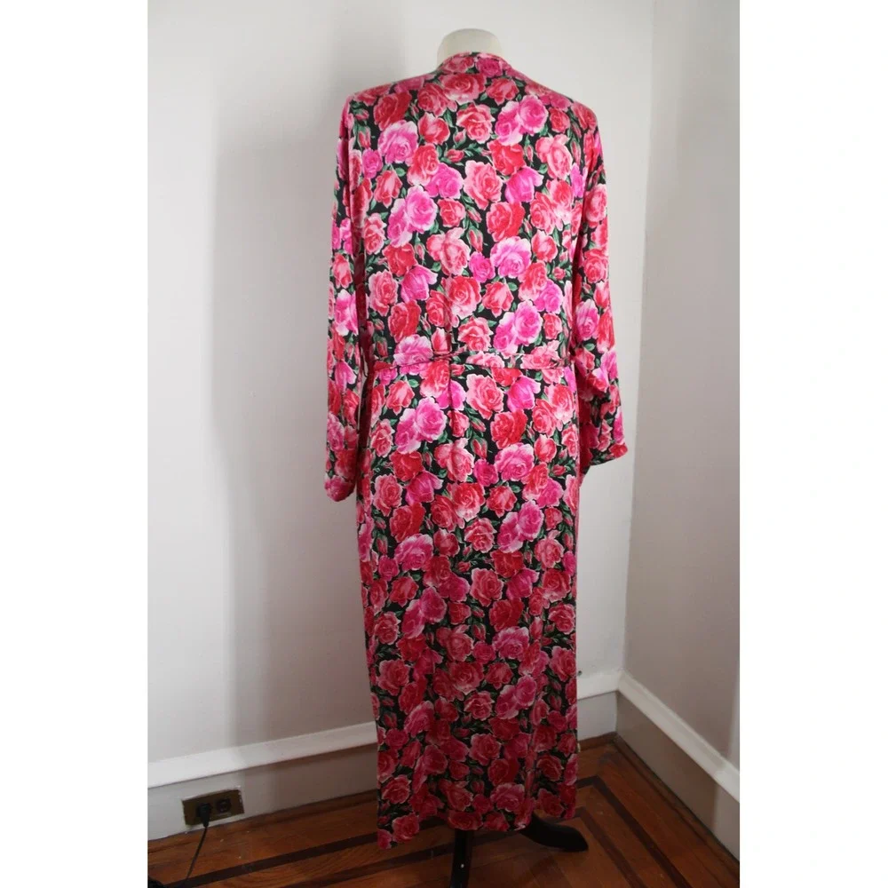 Vtg Victoria's Secret S Pink Floral Silk Maxi Robe Long Sleeve Belt Wrap Pocket